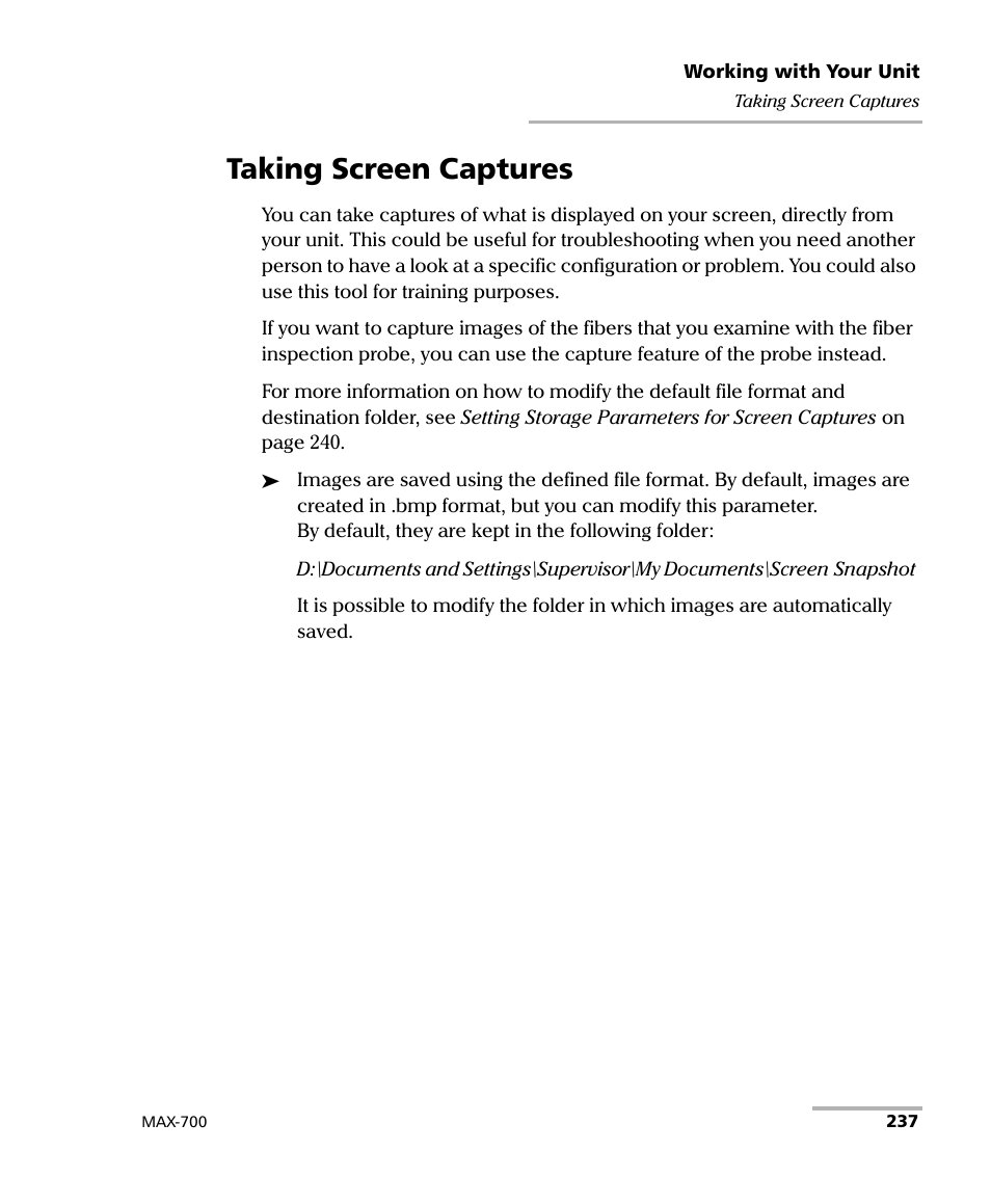 Taking screen captures | EXFO MAX-700 User Manual | Page 249 / 381