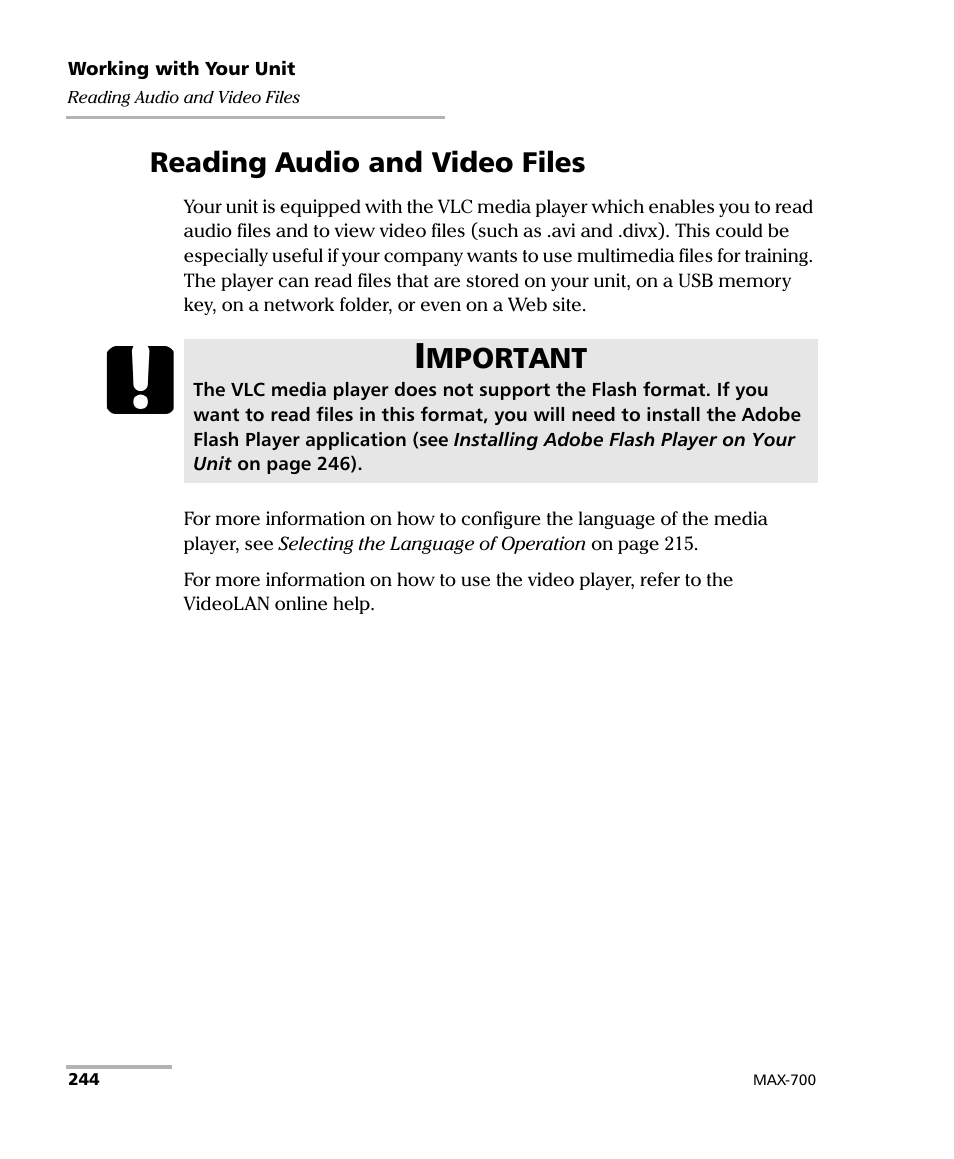 Reading audio and video files, Mportant | EXFO MAX-700 User Manual | Page 256 / 381