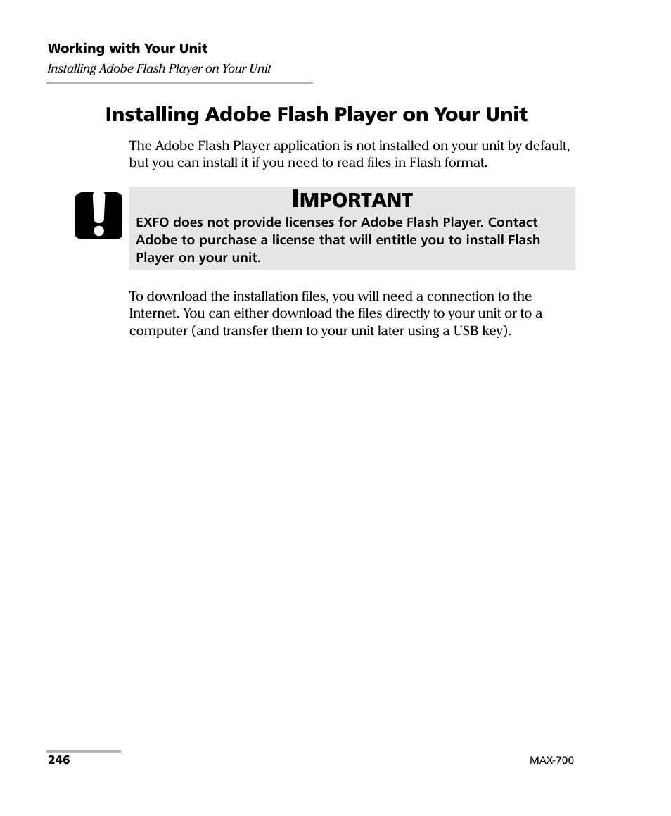 Installing adobe flash player on your unit, Mportant | EXFO MAX-700 User Manual | Page 258 / 381