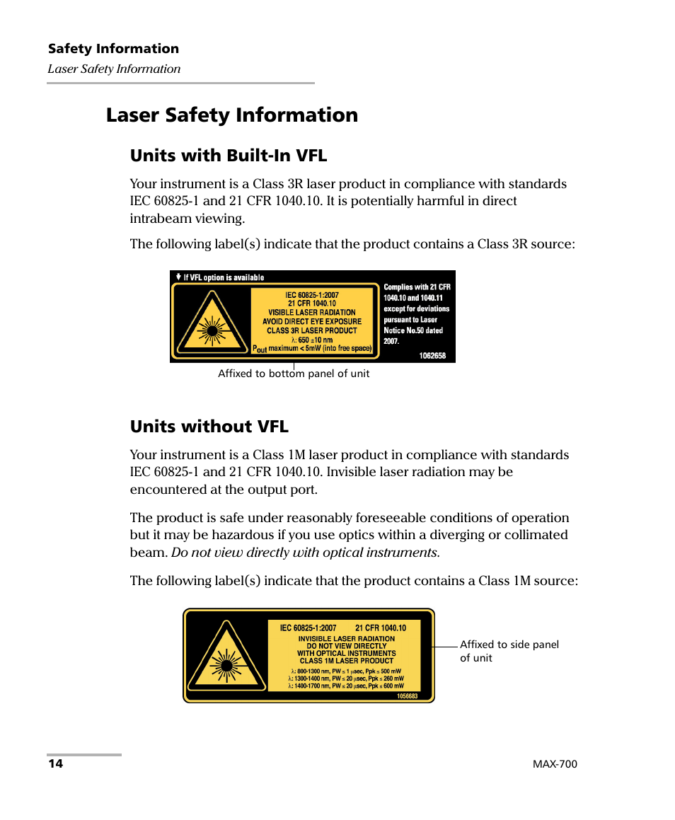 Laser safety information, Units with built-in vfl, Units without vfl | EXFO MAX-700 User Manual | Page 26 / 381