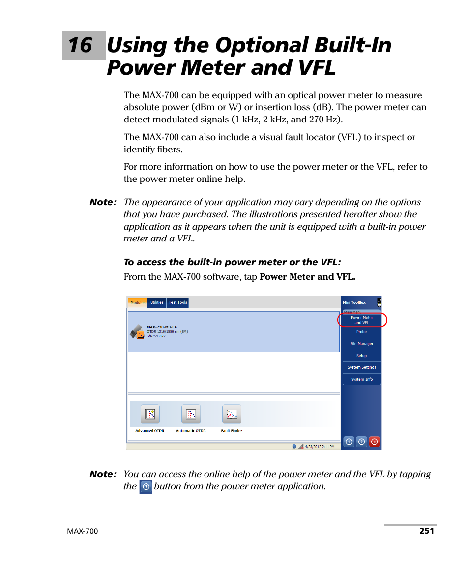 16 using the optional built-in power meter and vfl | EXFO MAX-700 User Manual | Page 263 / 381