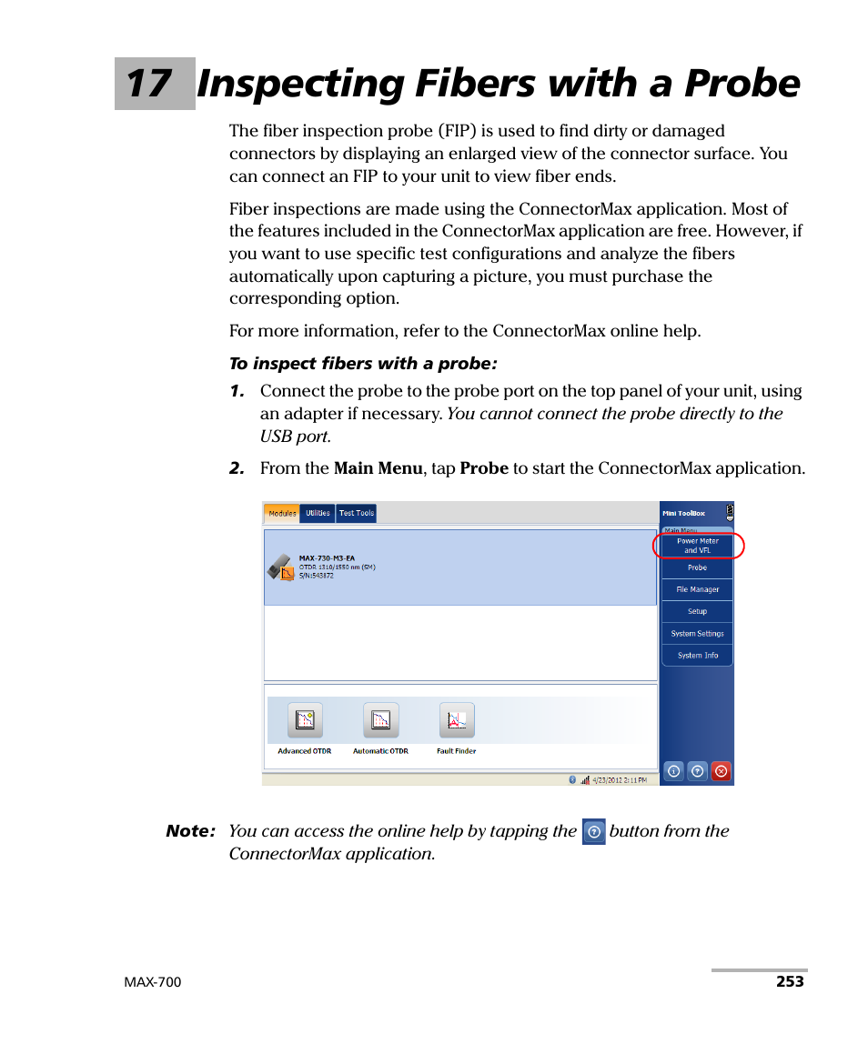 17 inspecting fibers with a probe | EXFO MAX-700 User Manual | Page 265 / 381