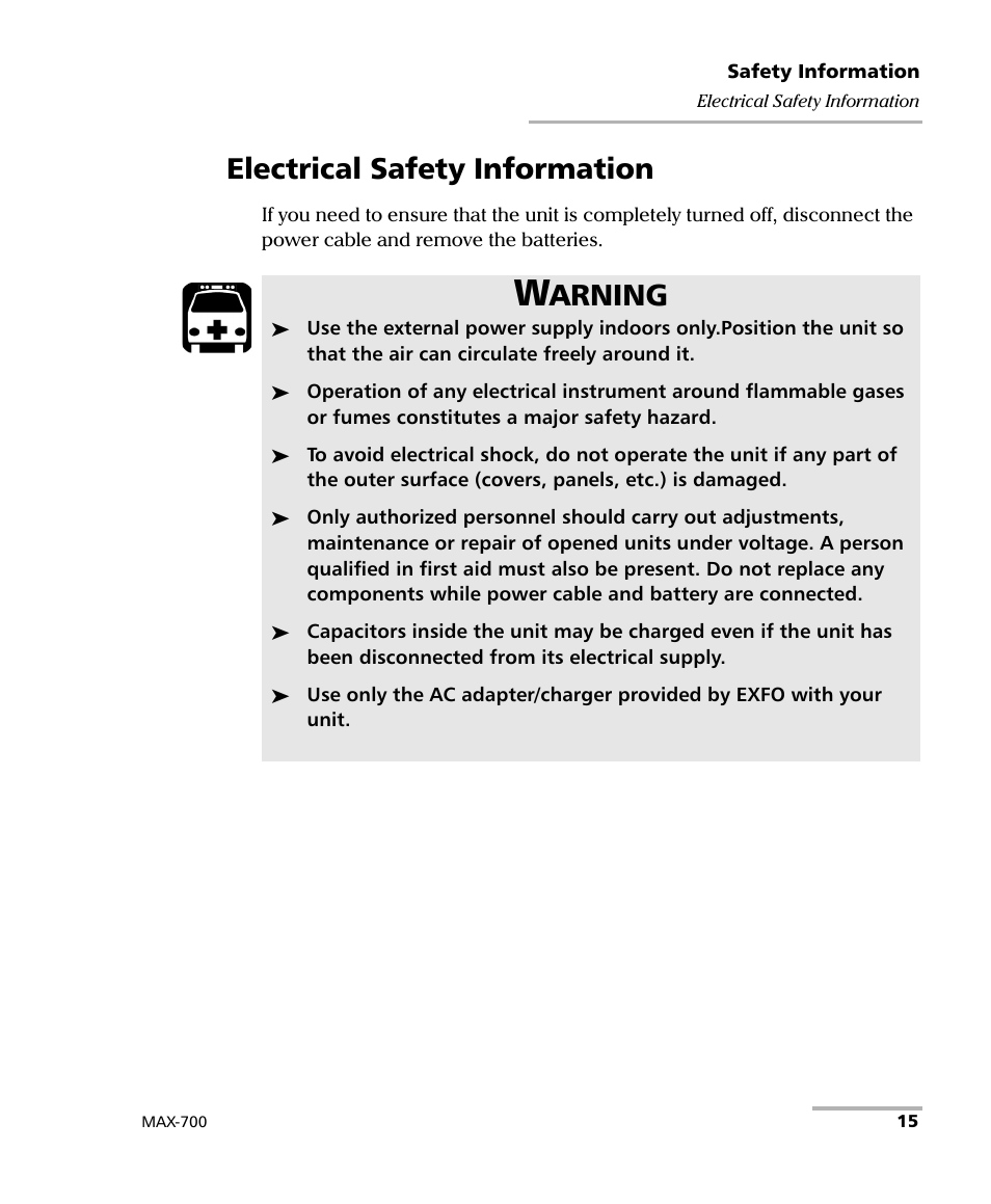 Electrical safety information, Arning | EXFO MAX-700 User Manual | Page 27 / 381