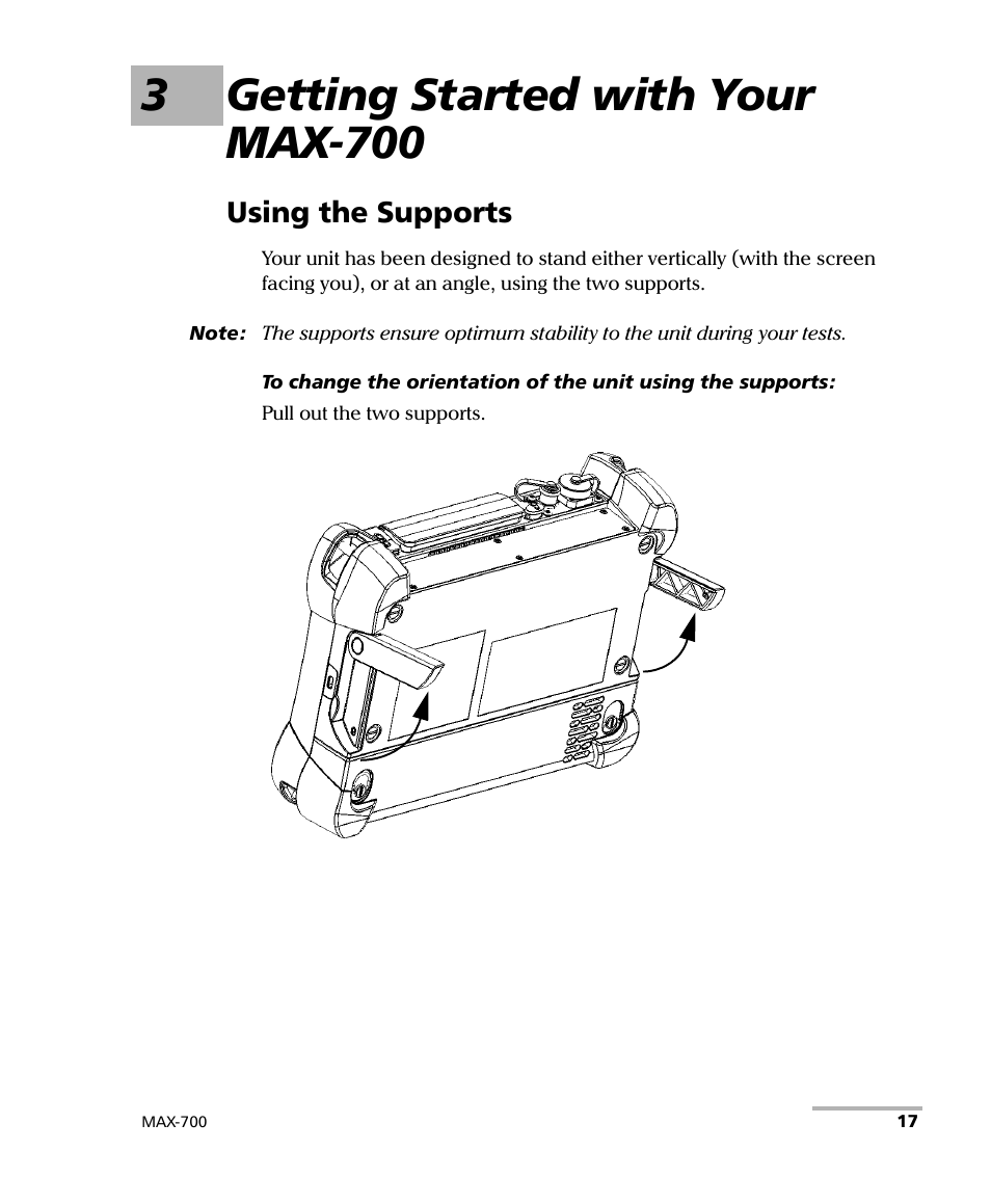 3 getting started with your max-700, Using the supports, 3getting started with your max-700 | EXFO MAX-700 User Manual | Page 29 / 381