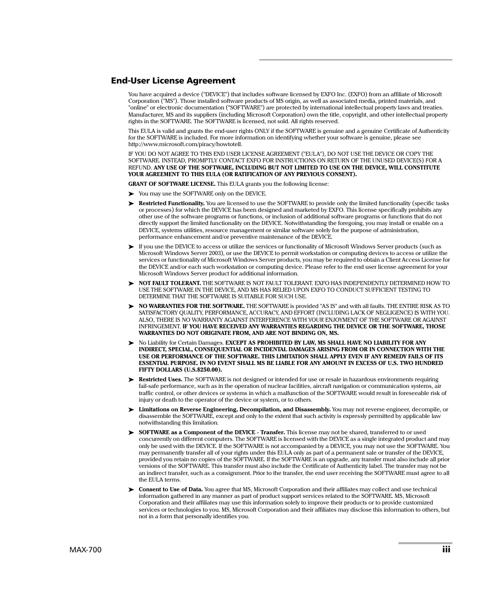 Iii end-user license agreement, Max-700 | EXFO MAX-700 User Manual | Page 3 / 381