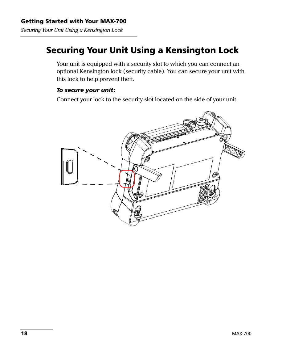 Securing your unit using a kensington lock | EXFO MAX-700 User Manual | Page 30 / 381