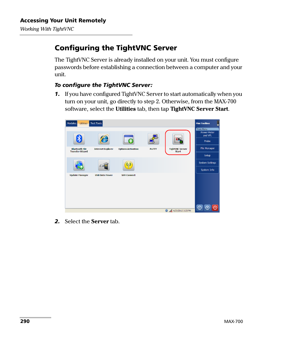 Configuring the tightvnc server | EXFO MAX-700 User Manual | Page 302 / 381