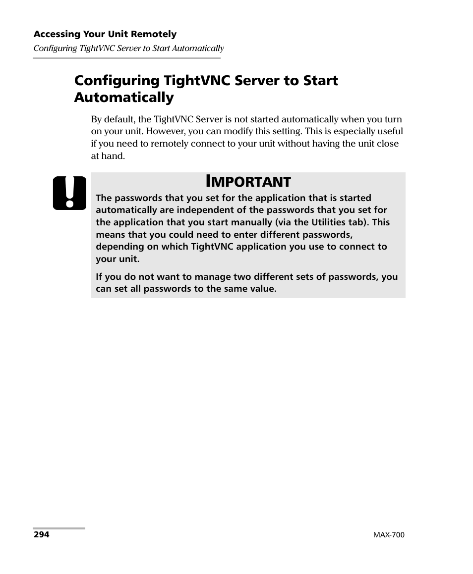 Configuring tightvnc server to start automatically, Mportant | EXFO MAX-700 User Manual | Page 306 / 381