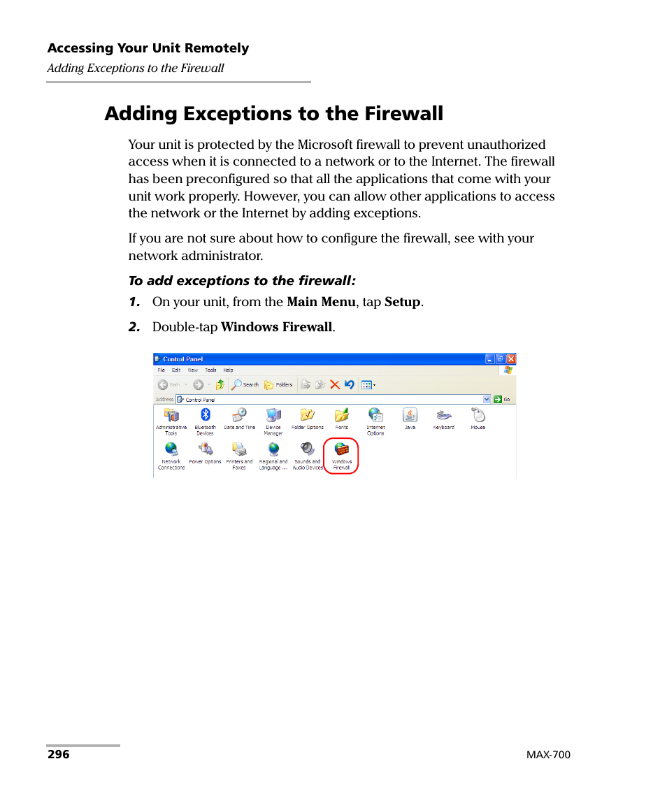 Adding exceptions to the firewall | EXFO MAX-700 User Manual | Page 308 / 381