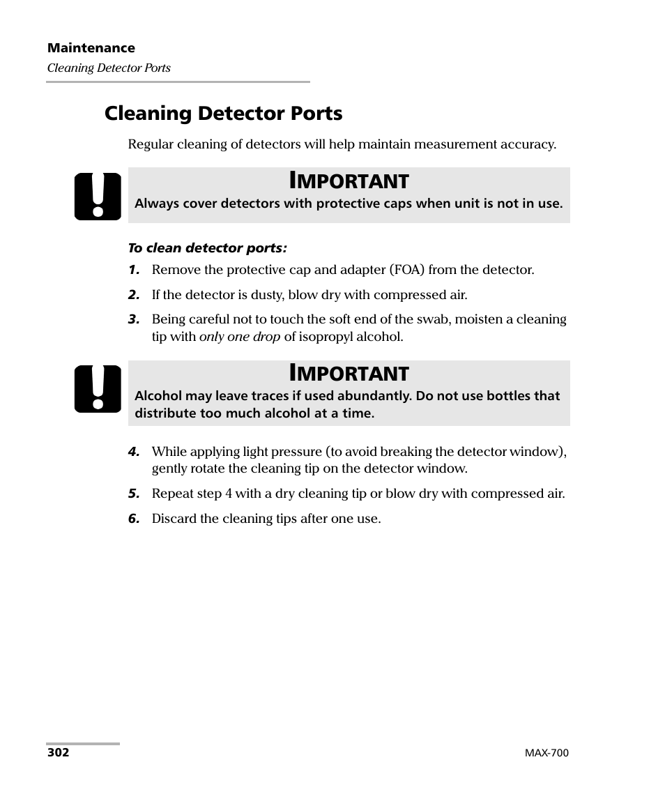 Cleaning detector ports, Mportant | EXFO MAX-700 User Manual | Page 314 / 381