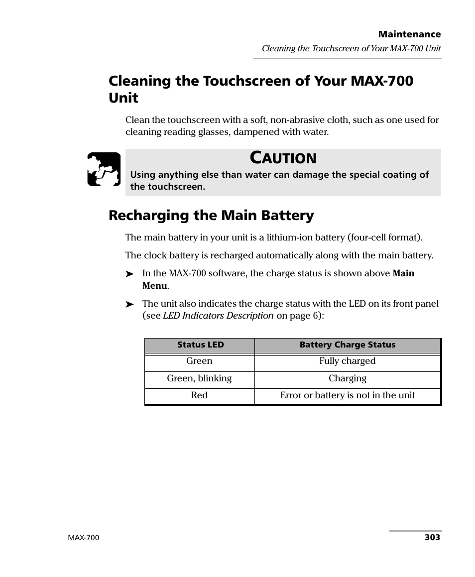 Cleaning the touchscreen of your max-700 unit, Recharging the main battery, Aution | EXFO MAX-700 User Manual | Page 315 / 381