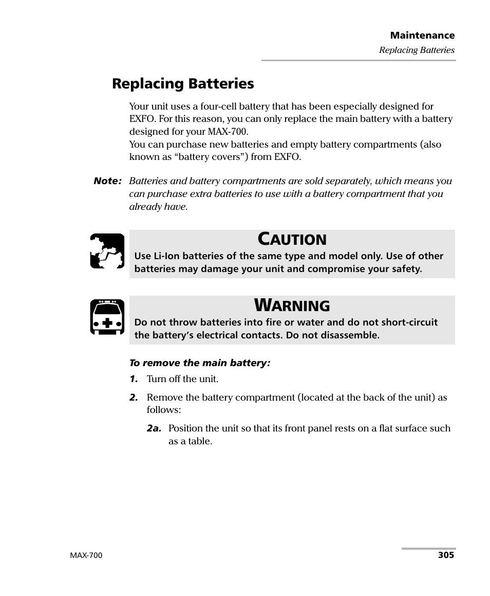 Replacing batteries, Aution, Arning | EXFO MAX-700 User Manual | Page 317 / 381