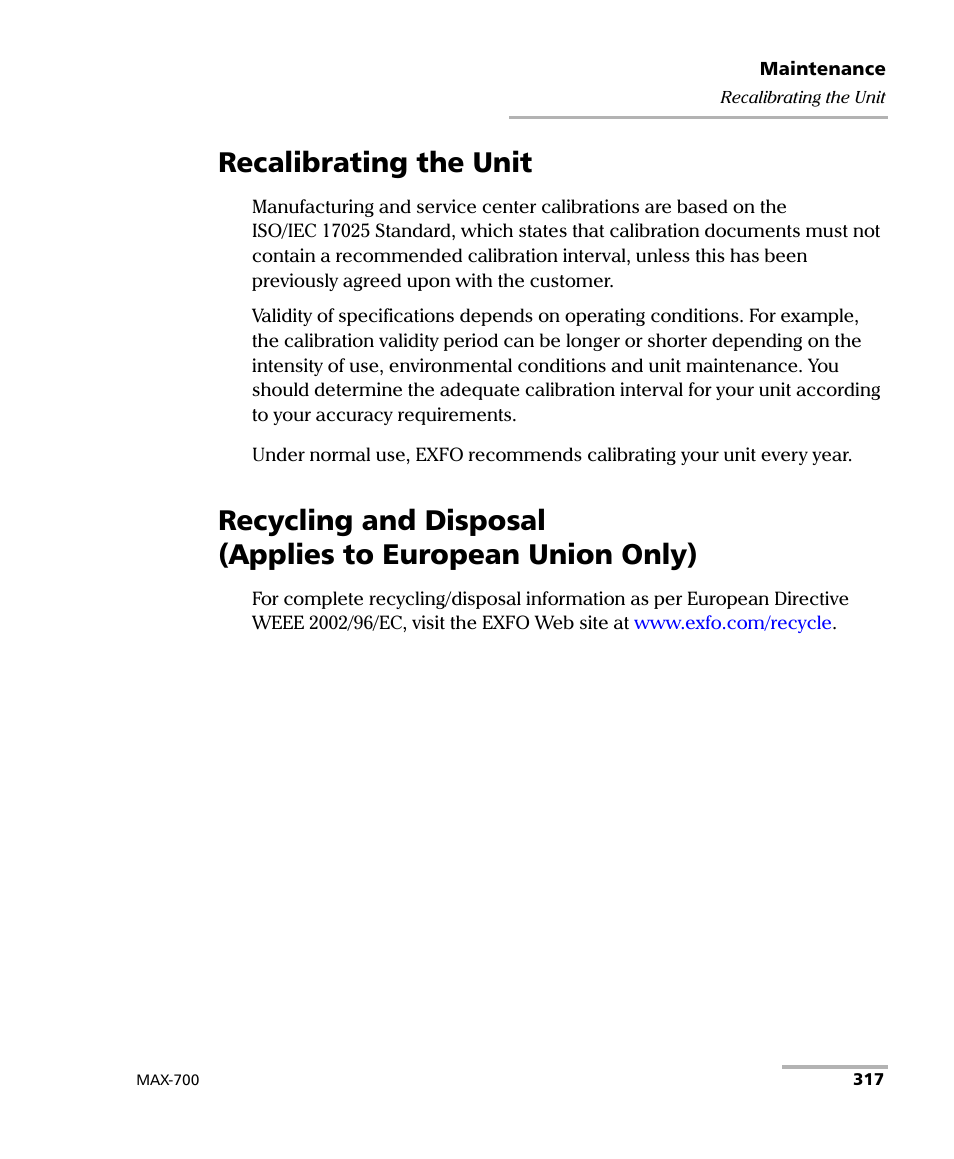 Recalibrating the unit | EXFO MAX-700 User Manual | Page 329 / 381