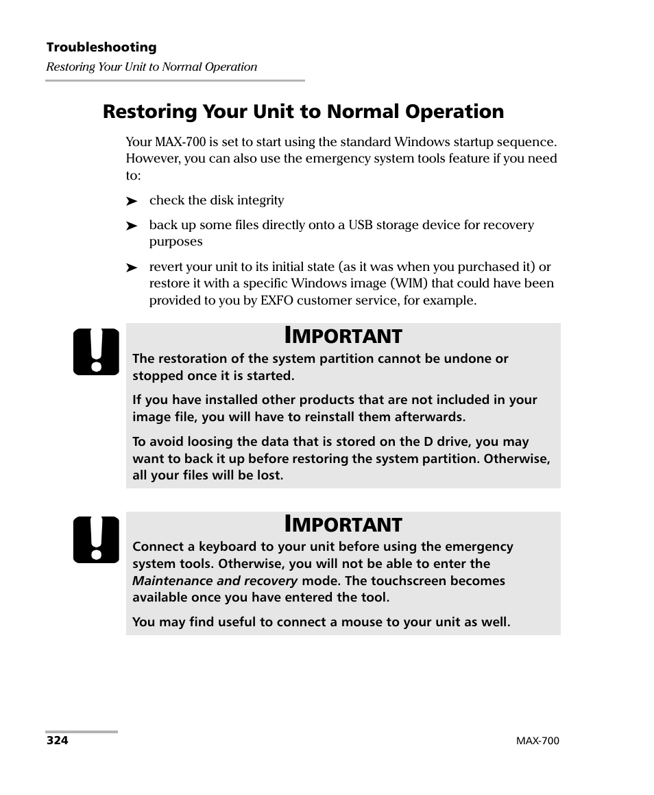 Restoring your unit to normal operation, Mportant | EXFO MAX-700 User Manual | Page 336 / 381