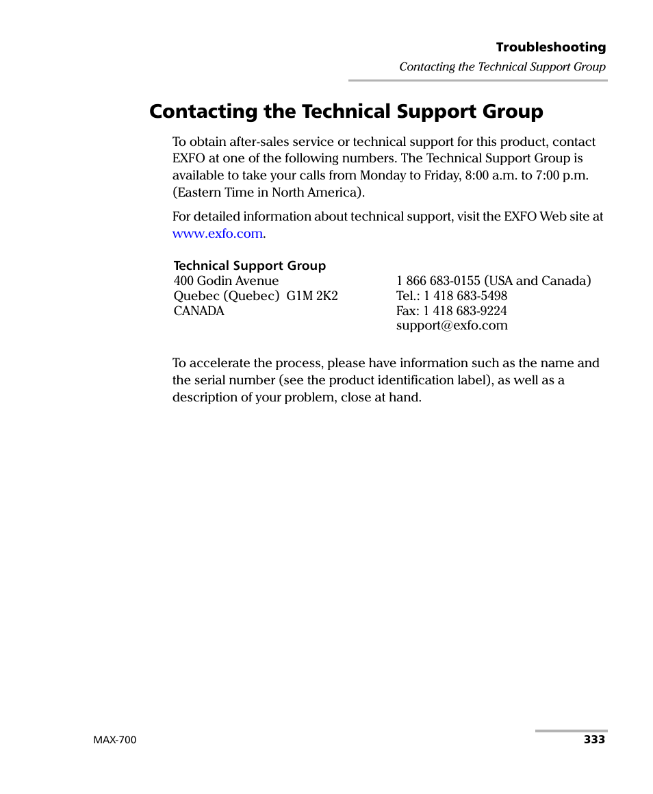 Contacting the technical support group | EXFO MAX-700 User Manual | Page 345 / 381