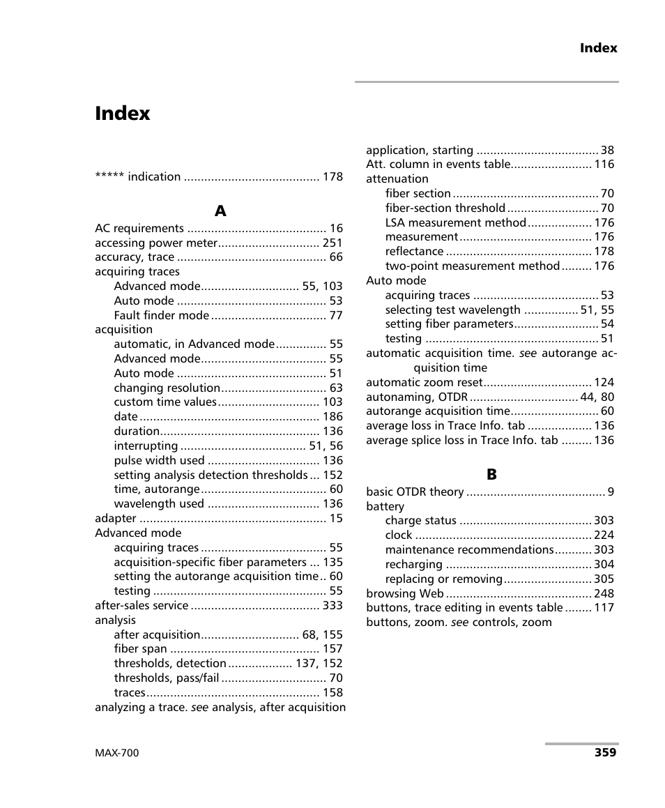 Index | EXFO MAX-700 User Manual | Page 371 / 381