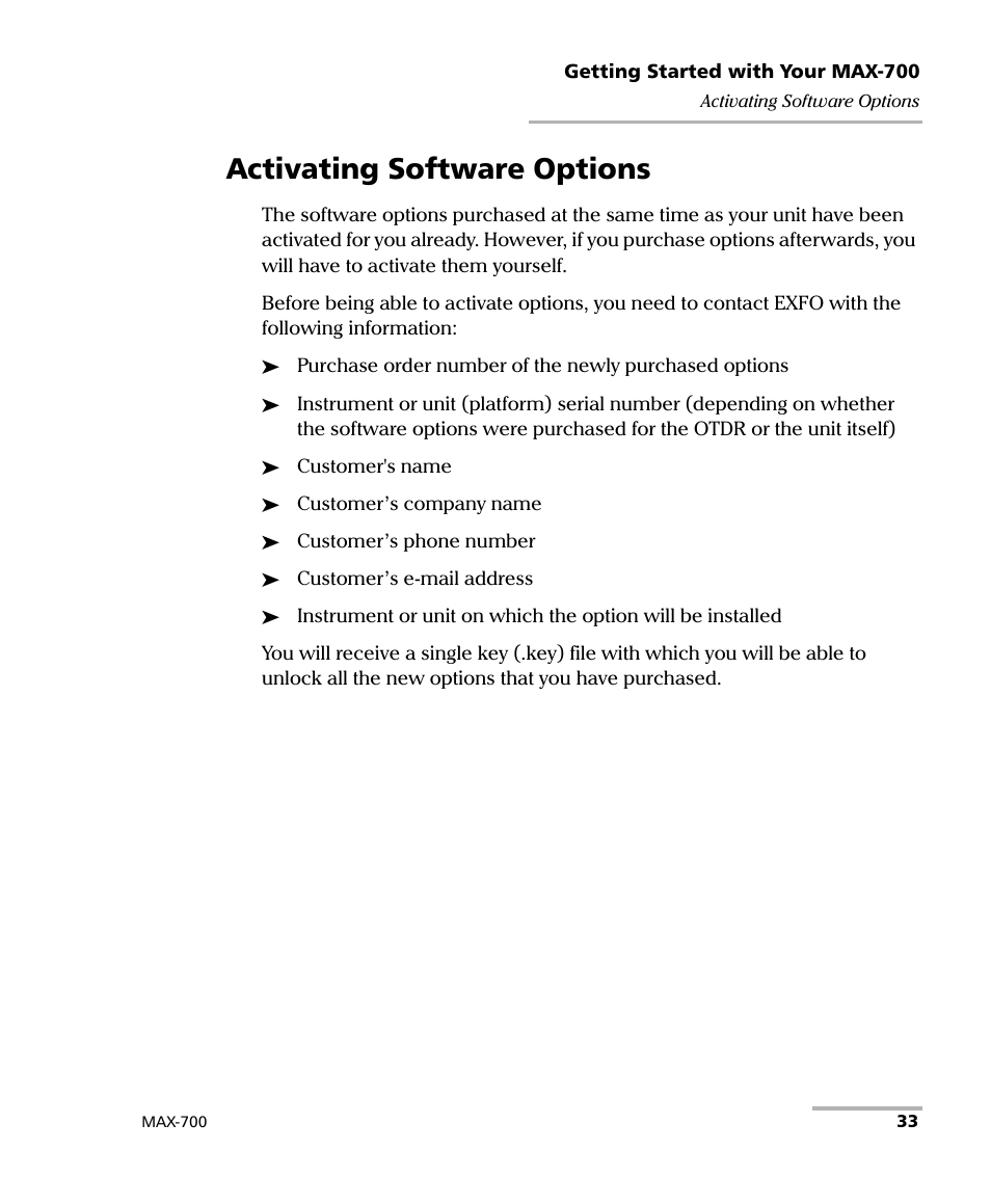 Activating software options | EXFO MAX-700 User Manual | Page 45 / 381