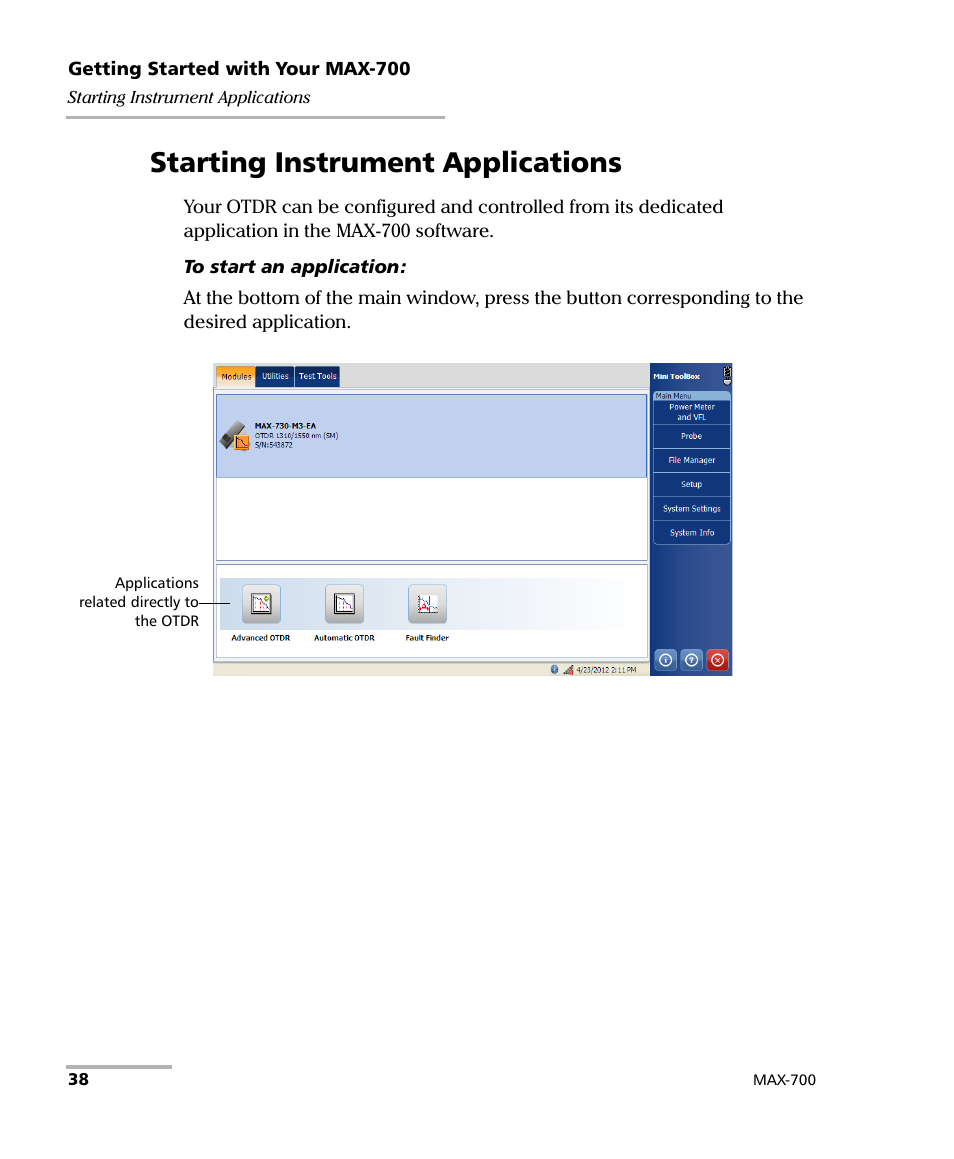 Starting instrument applications | EXFO MAX-700 User Manual | Page 50 / 381