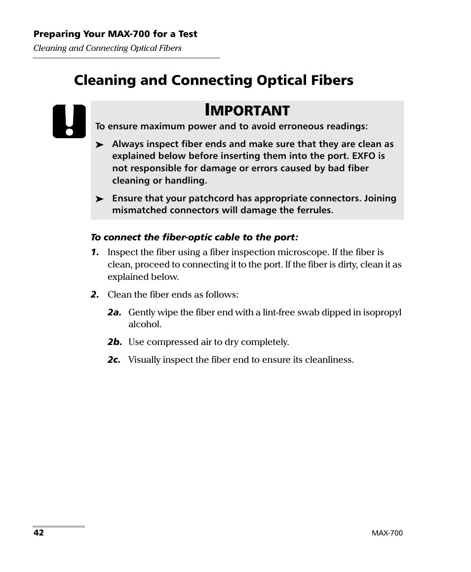 Cleaning and connecting optical fibers, Mportant | EXFO MAX-700 User Manual | Page 54 / 381