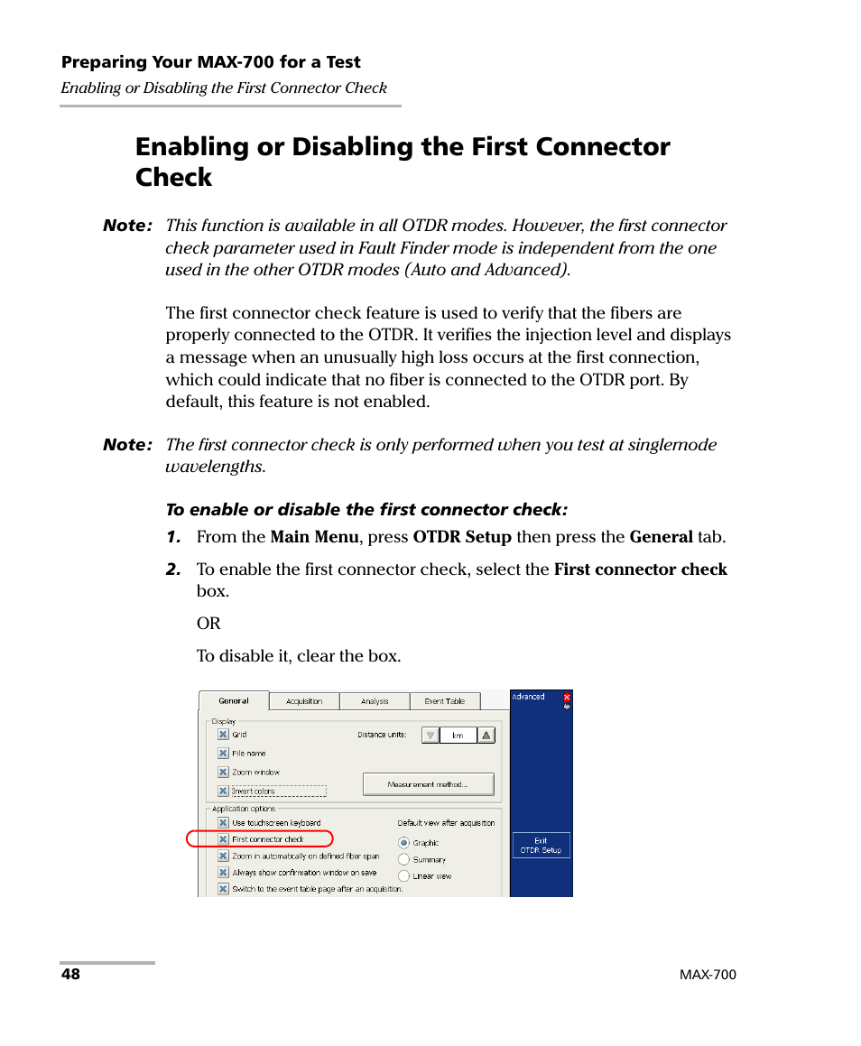 Enabling or disabling the first connector check | EXFO MAX-700 User Manual | Page 60 / 381