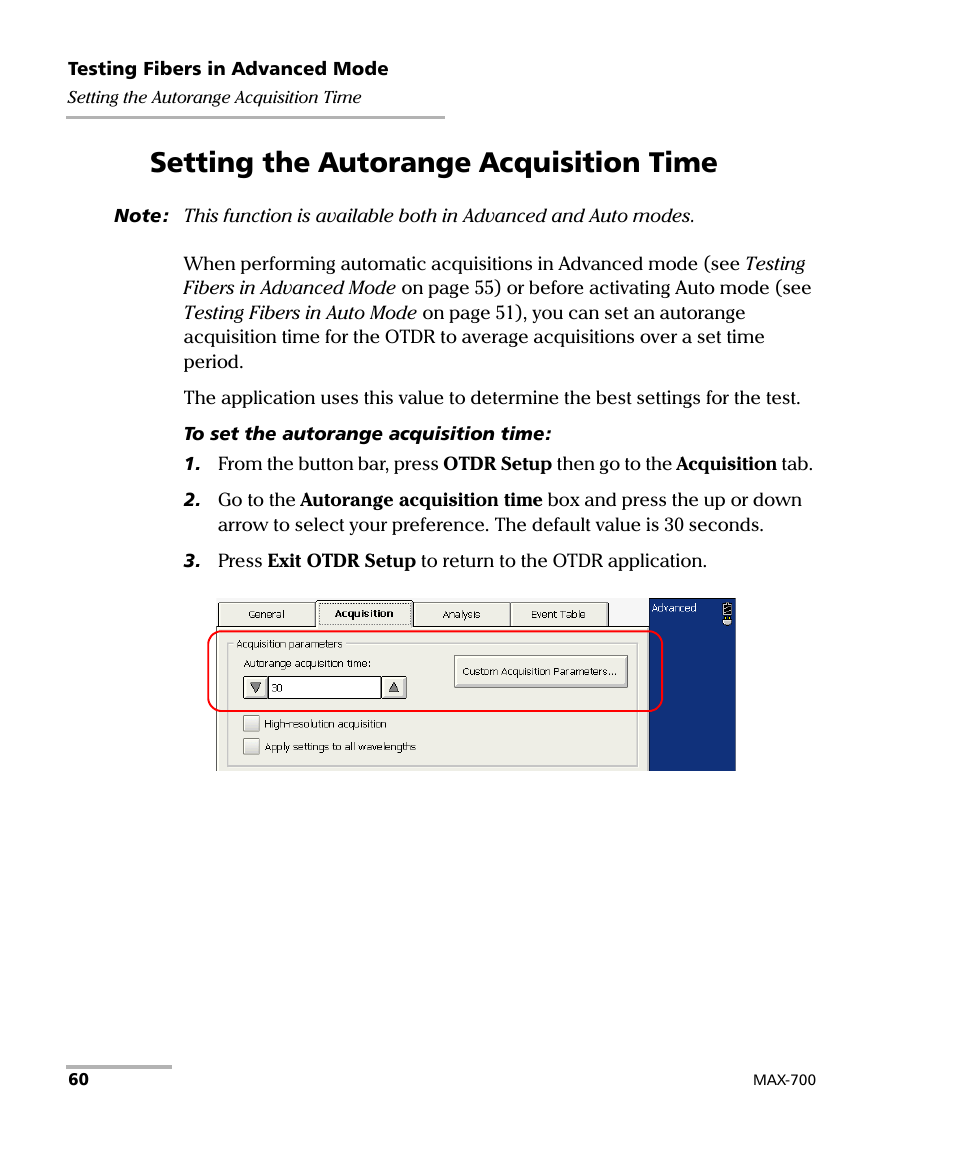 Setting the autorange acquisition time | EXFO MAX-700 User Manual | Page 72 / 381