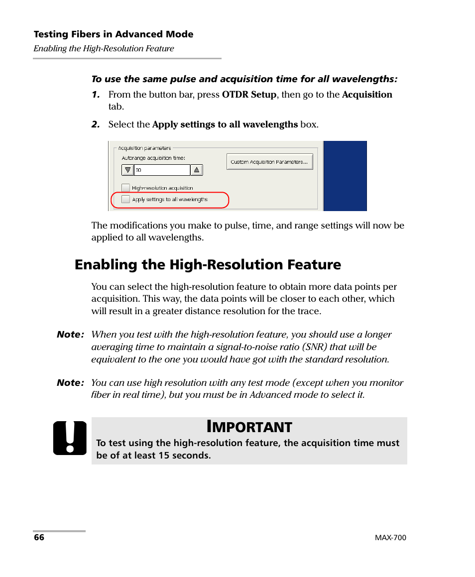 Enabling the high-resolution feature, Mportant | EXFO MAX-700 User Manual | Page 78 / 381