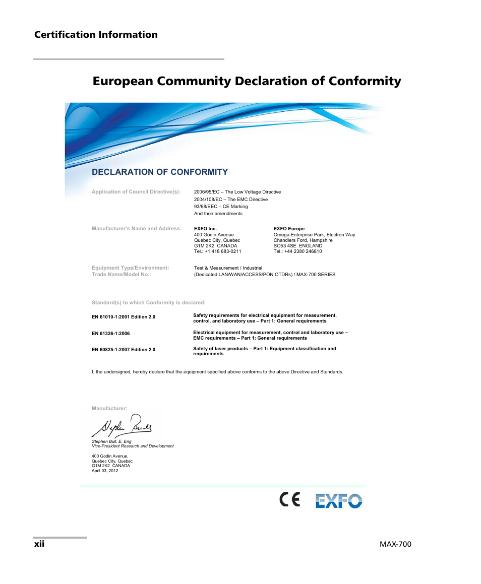 European community declaration of conformity, Certification information, Declaration of conformity | Max-700 | EXFO MAX-710-P User Manual | Page 12 / 381