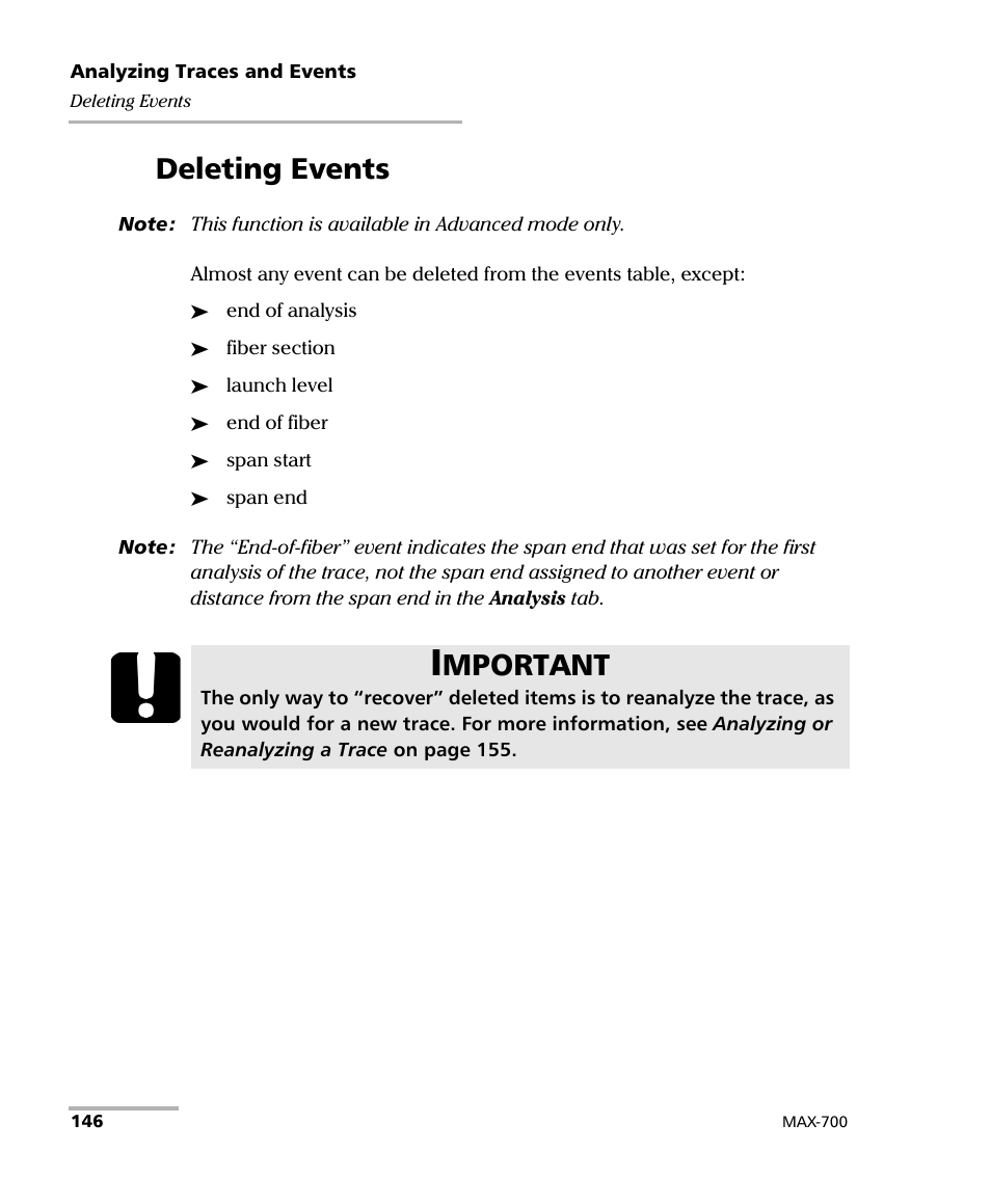 Deleting events, Mportant | EXFO MAX-710-P User Manual | Page 158 / 381