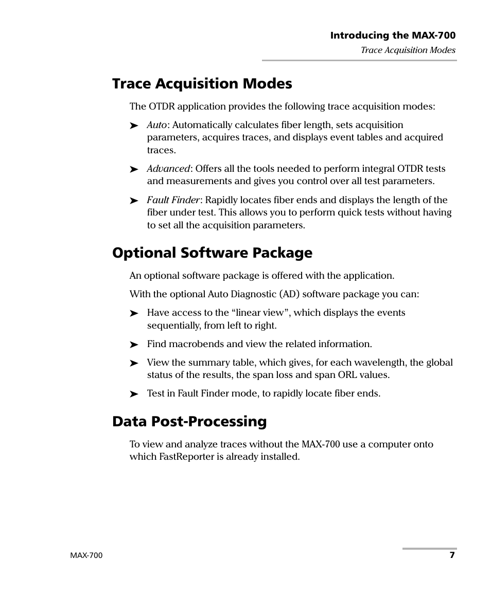 Trace acquisition modes, Optional software package, Data post-processing | EXFO MAX-710-P User Manual | Page 19 / 381