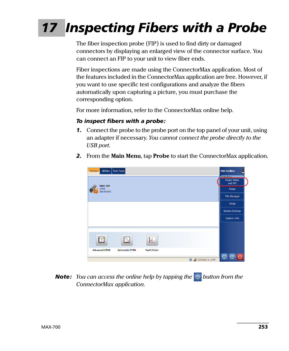 17 inspecting fibers with a probe | EXFO MAX-710-P User Manual | Page 265 / 381