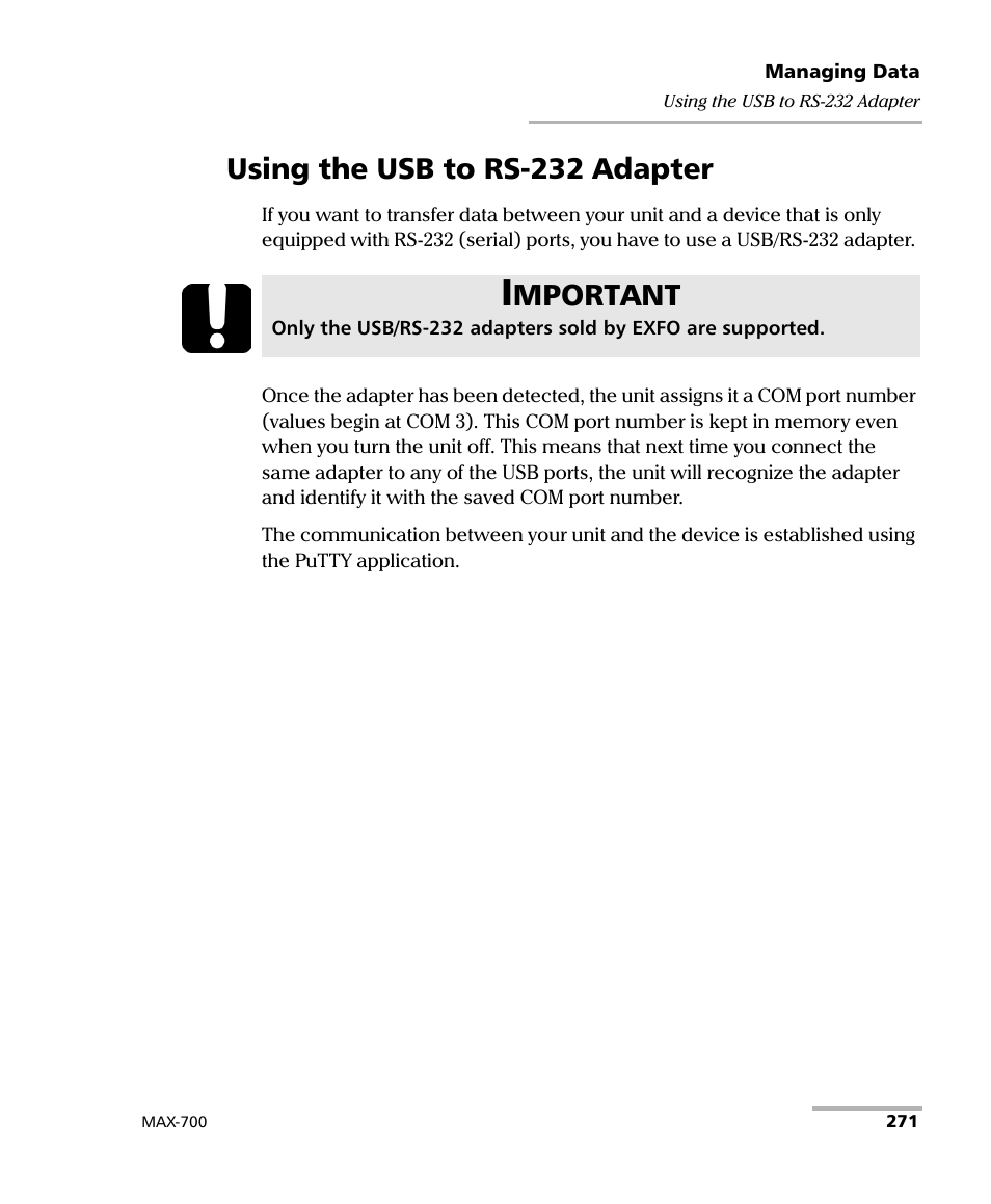 Using the usb to rs-232 adapter, Mportant | EXFO MAX-710-P User Manual | Page 283 / 381