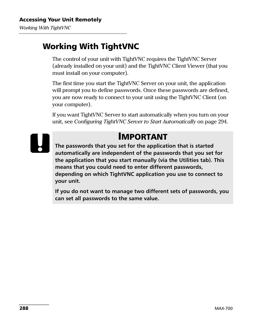 Working with tightvnc, Mportant | EXFO MAX-710-P User Manual | Page 300 / 381