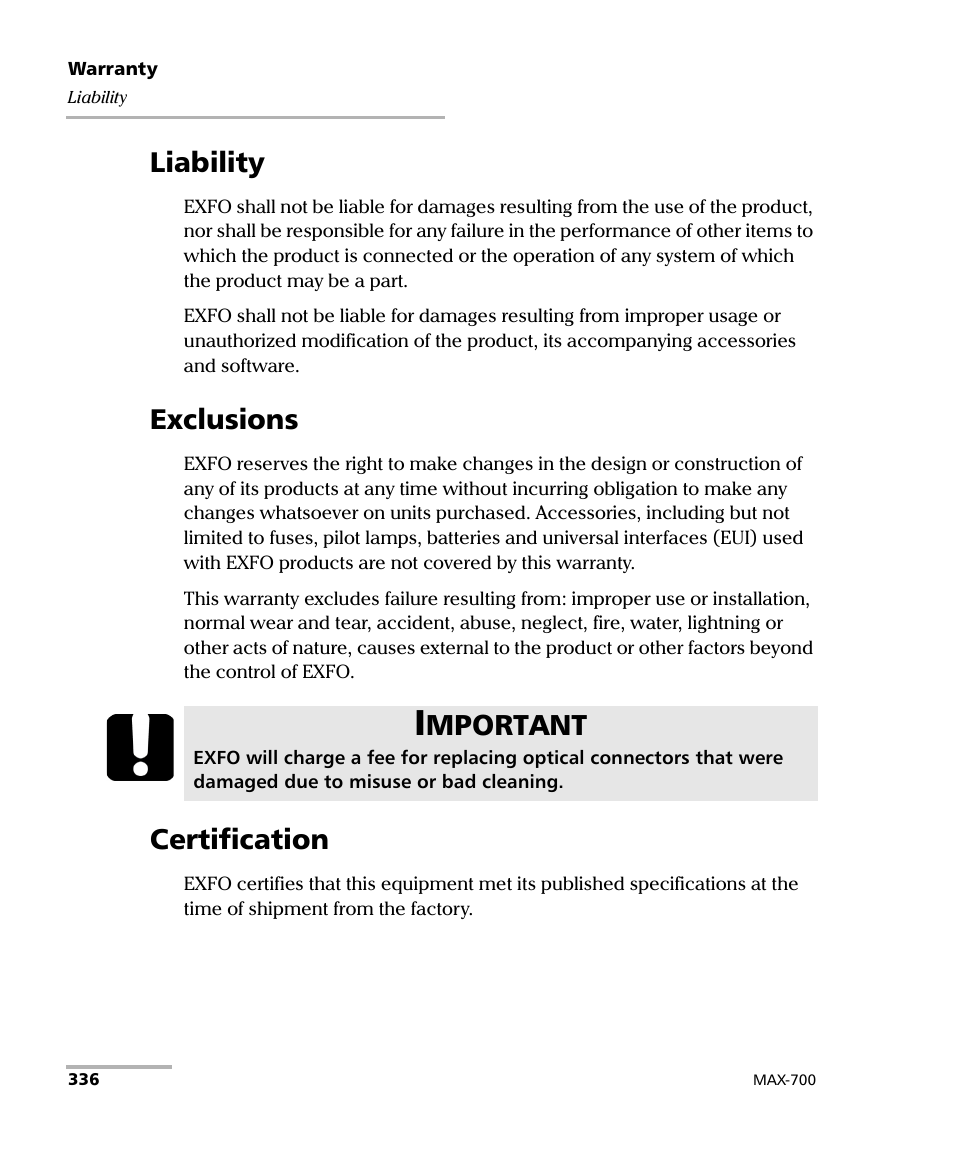 Liability, Exclusions, Certification | Liability exclusions certification, Mportant | EXFO MAX-710-P User Manual | Page 348 / 381