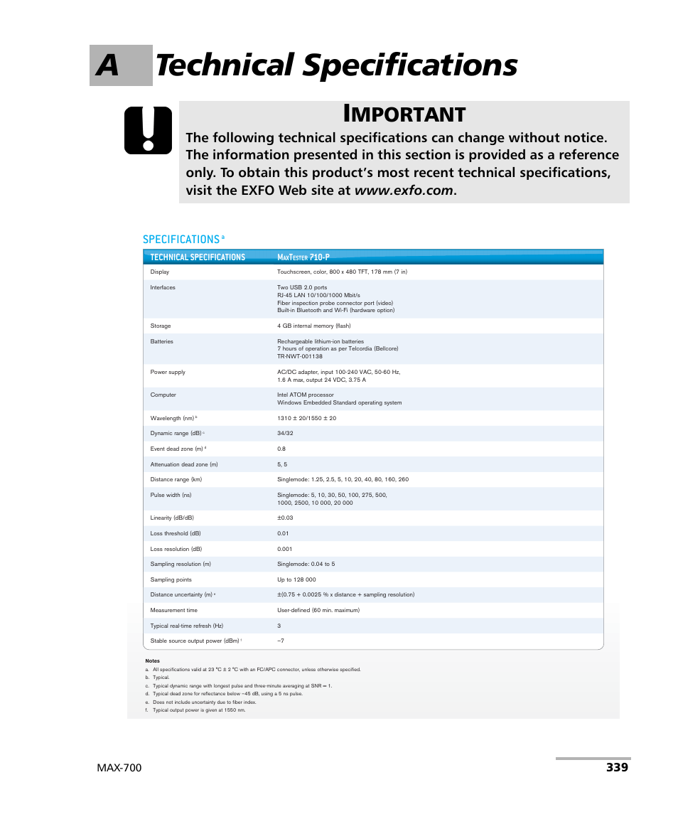 A technical specifications, Mportant, Specifications | Max-700, Technical specifications m | EXFO MAX-710-P User Manual | Page 351 / 381