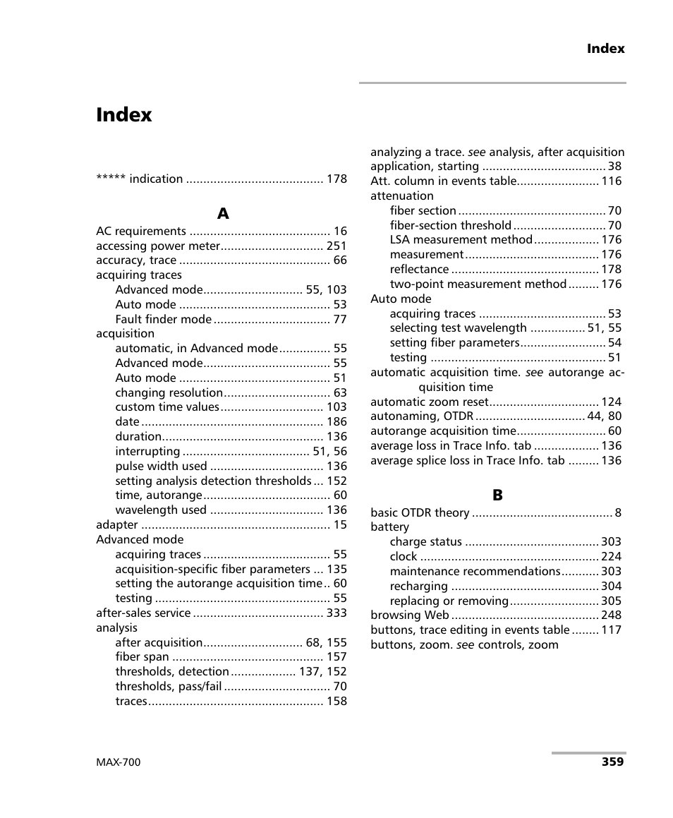 Index | EXFO MAX-710-P User Manual | Page 371 / 381