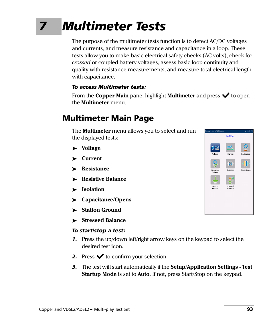 7 multimeter tests, 7multimeter tests, Multimeter main page | EXFO MaxTester 635 User Manual | Page 101 / 355