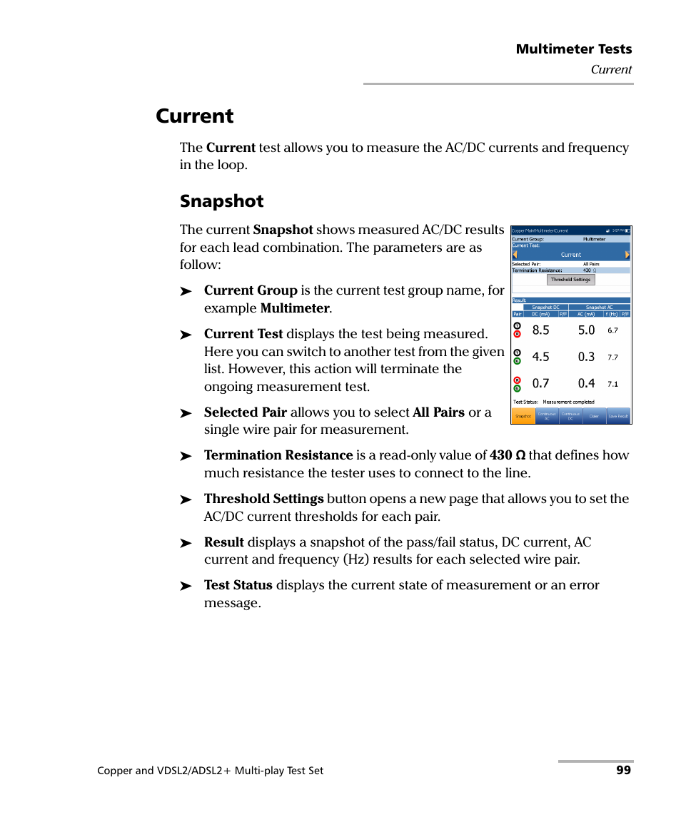 Current, Snapshot | EXFO MaxTester 635 User Manual | Page 107 / 355