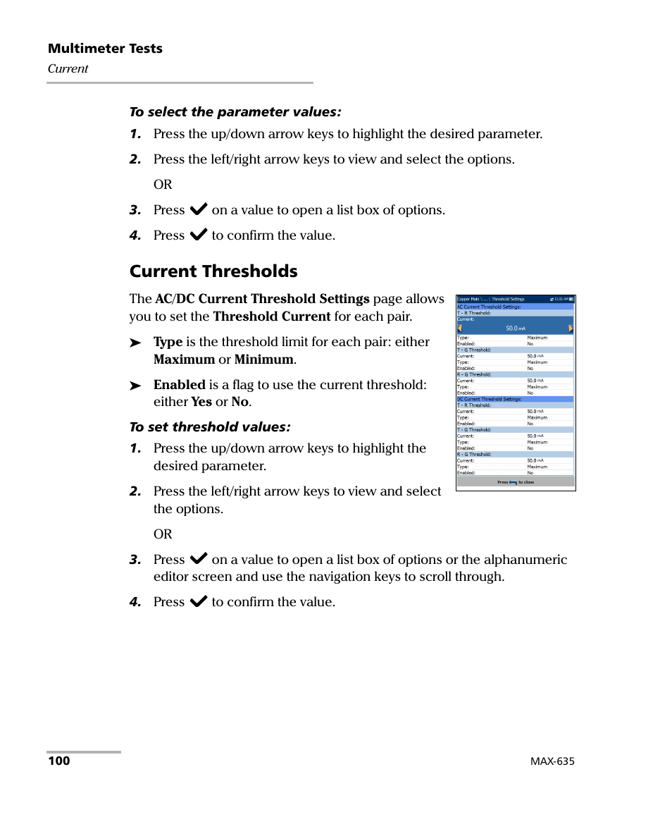 Current thresholds | EXFO MaxTester 635 User Manual | Page 108 / 355