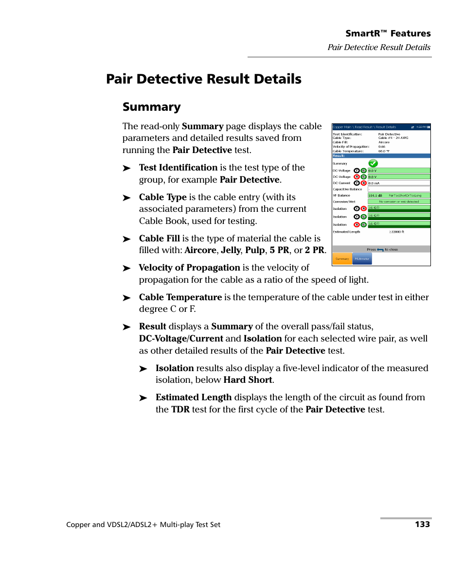Pair detective result details, Summary | EXFO MaxTester 635 User Manual | Page 141 / 355