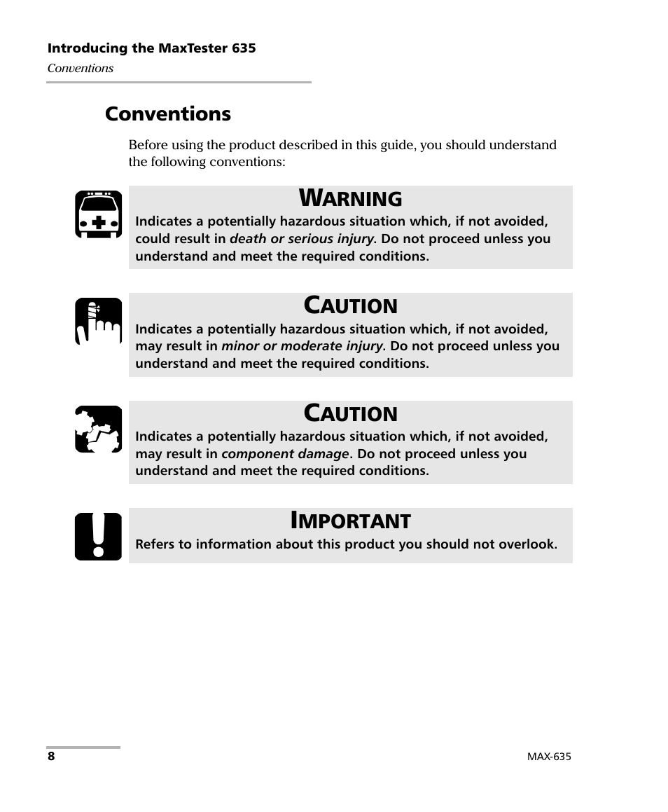 Conventions, Arning, Aution | Mportant | EXFO MaxTester 635 User Manual | Page 16 / 355