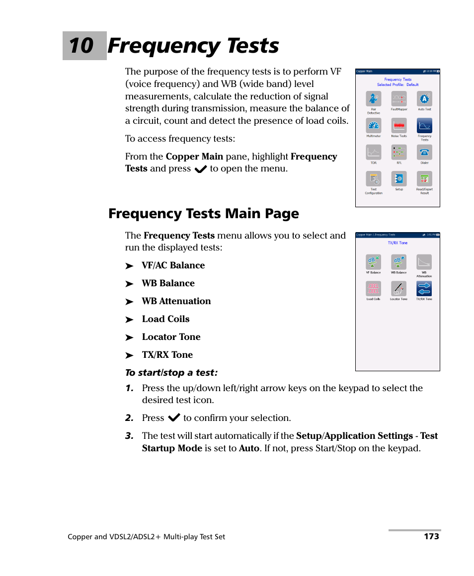 10 frequency tests, Frequency tests main page | EXFO MaxTester 635 User Manual | Page 181 / 355