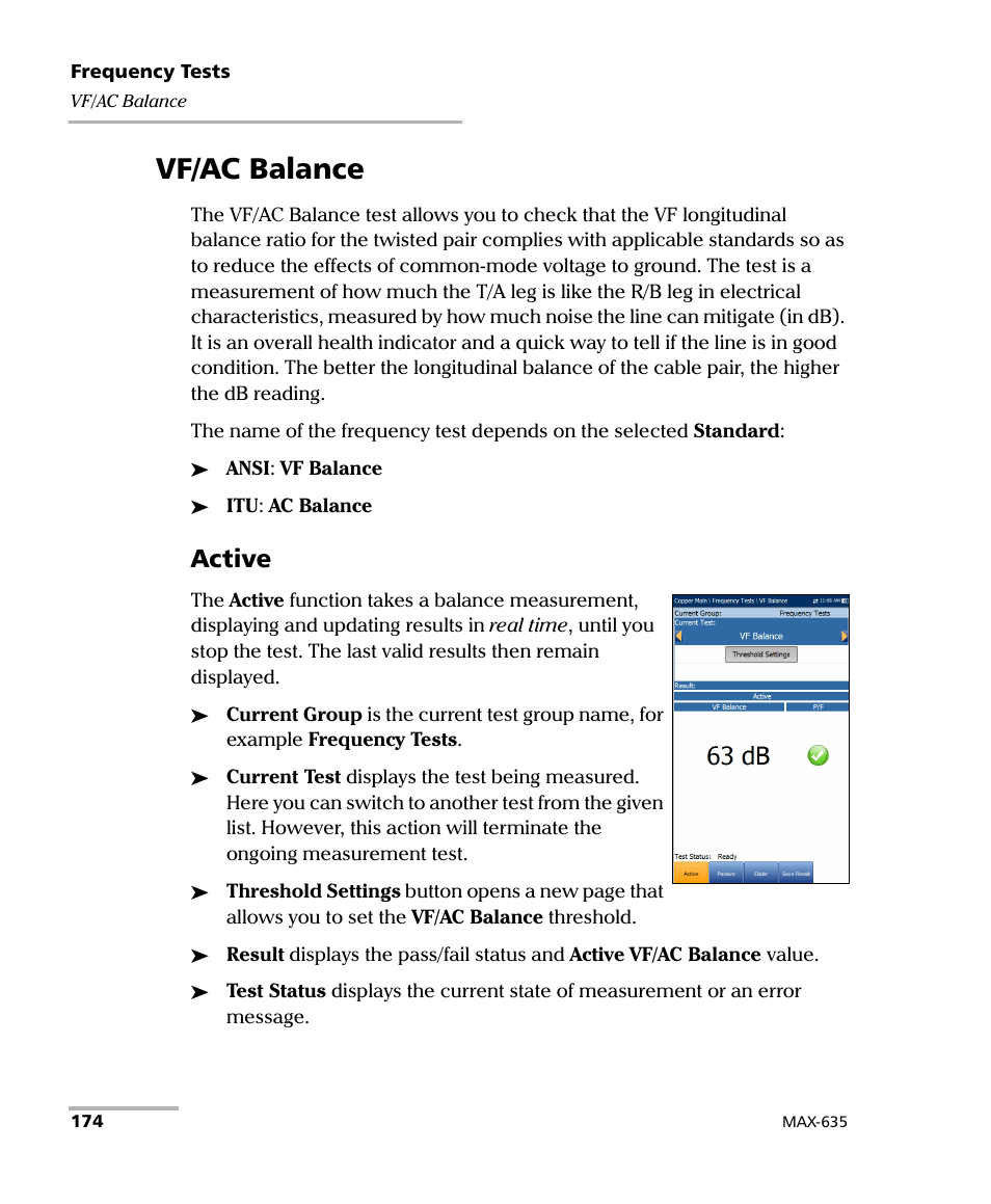 Vf/ac balance, Active | EXFO MaxTester 635 User Manual | Page 182 / 355
