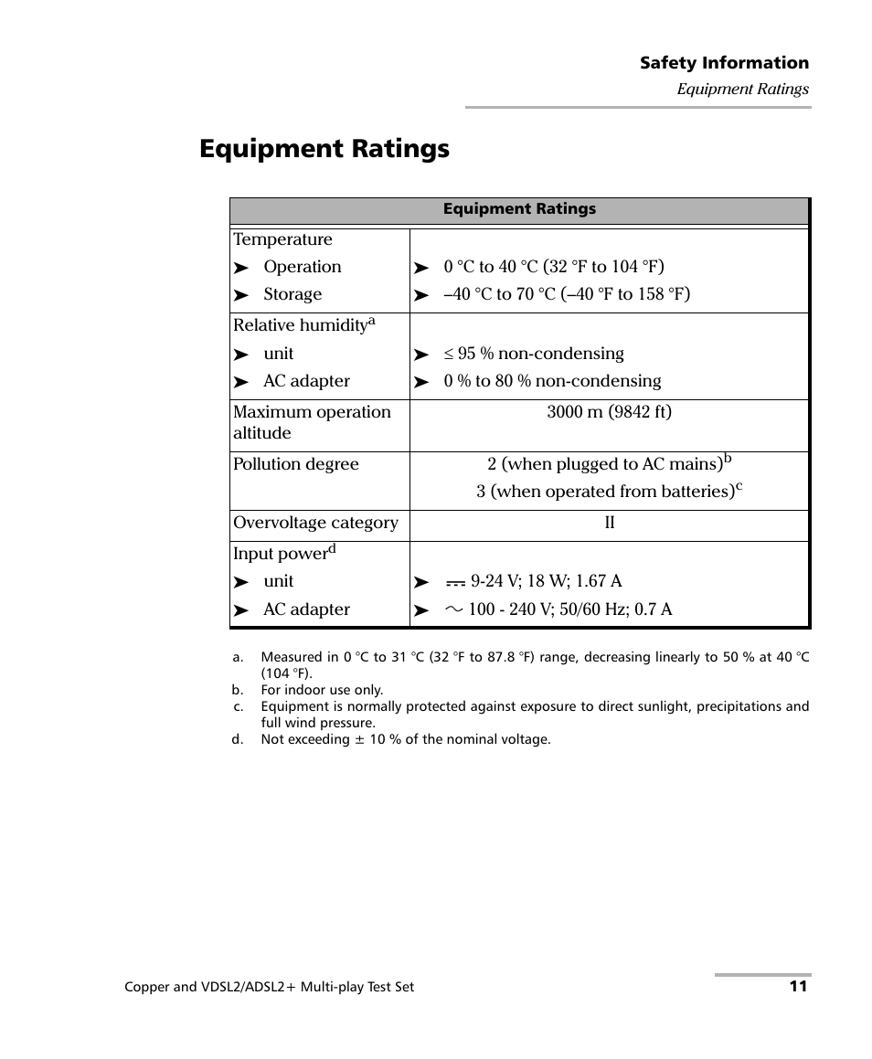 Equipment ratings | EXFO MaxTester 635 User Manual | Page 19 / 355