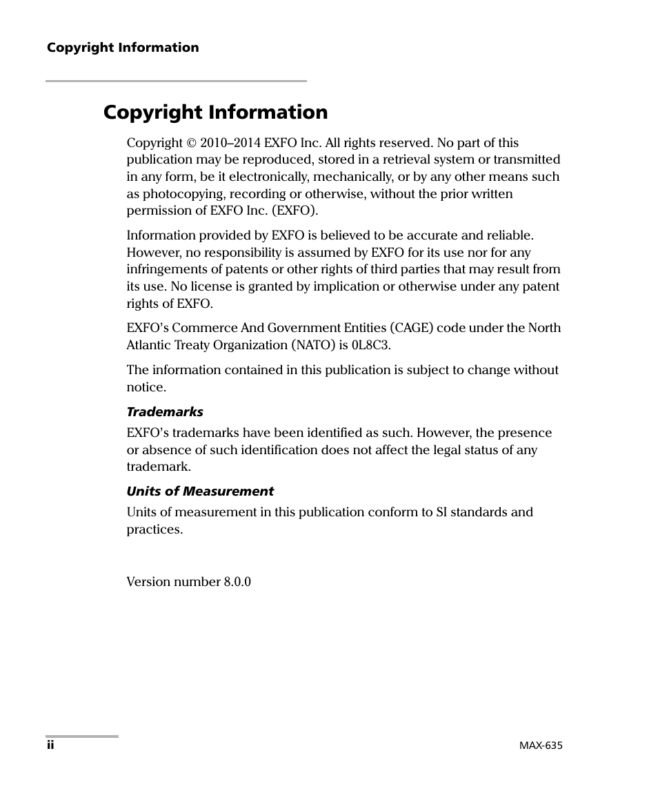 Copyright information | EXFO MaxTester 635 User Manual | Page 2 / 355