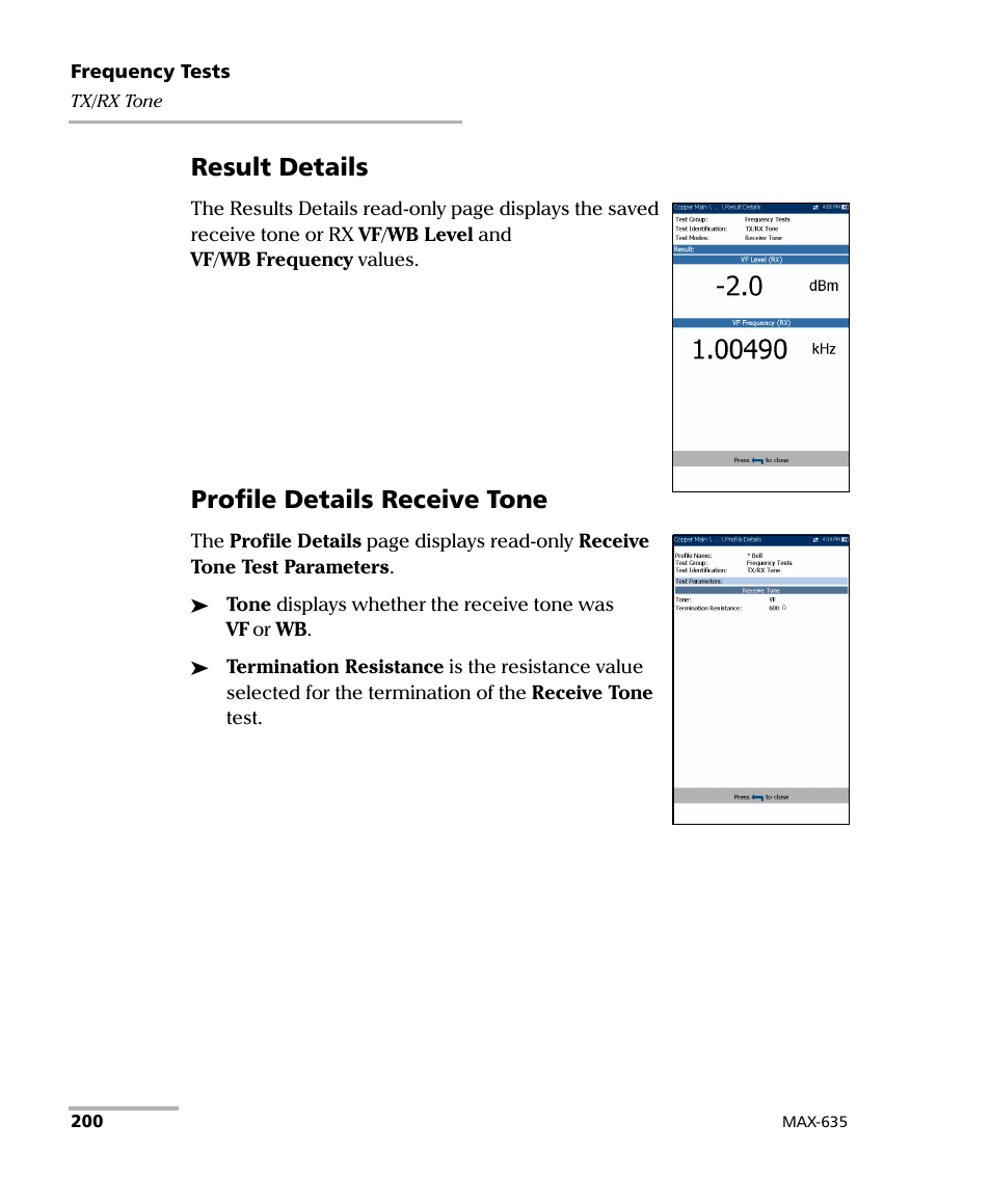 Result details, Profile details receive tone | EXFO MaxTester 635 User Manual | Page 208 / 355