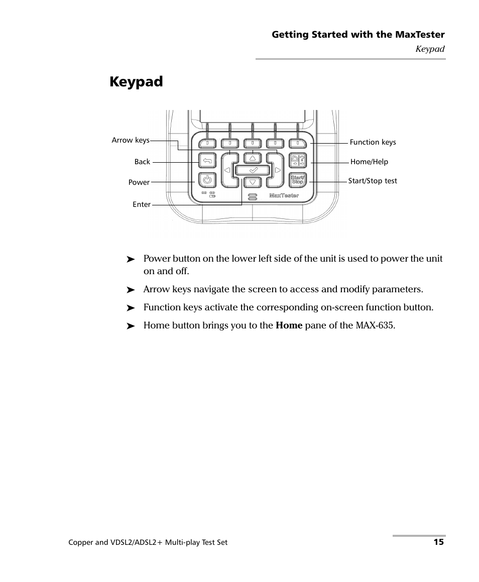 Keypad | EXFO MaxTester 635 User Manual | Page 23 / 355