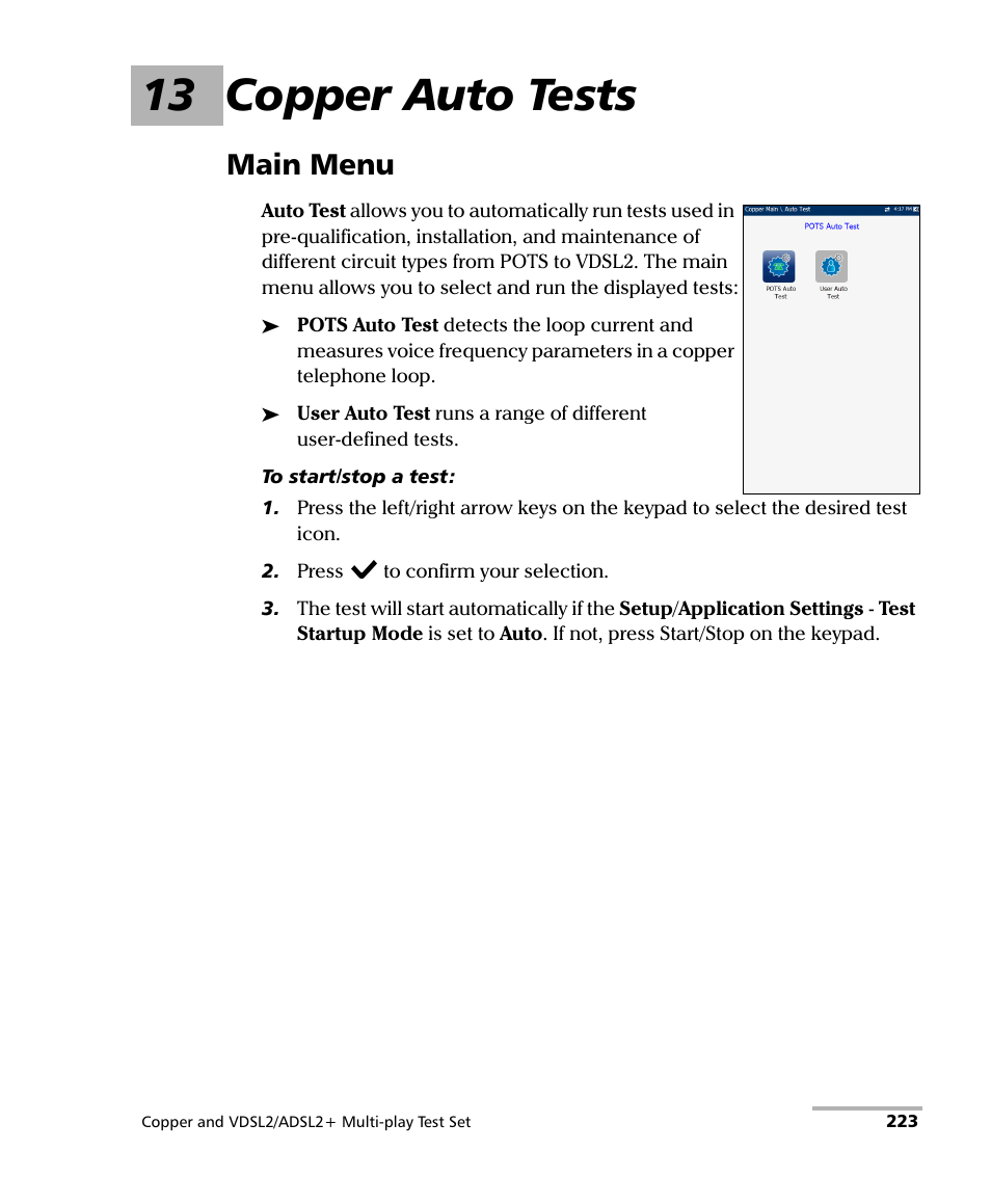 13 copper auto tests, Main menu | EXFO MaxTester 635 User Manual | Page 231 / 355