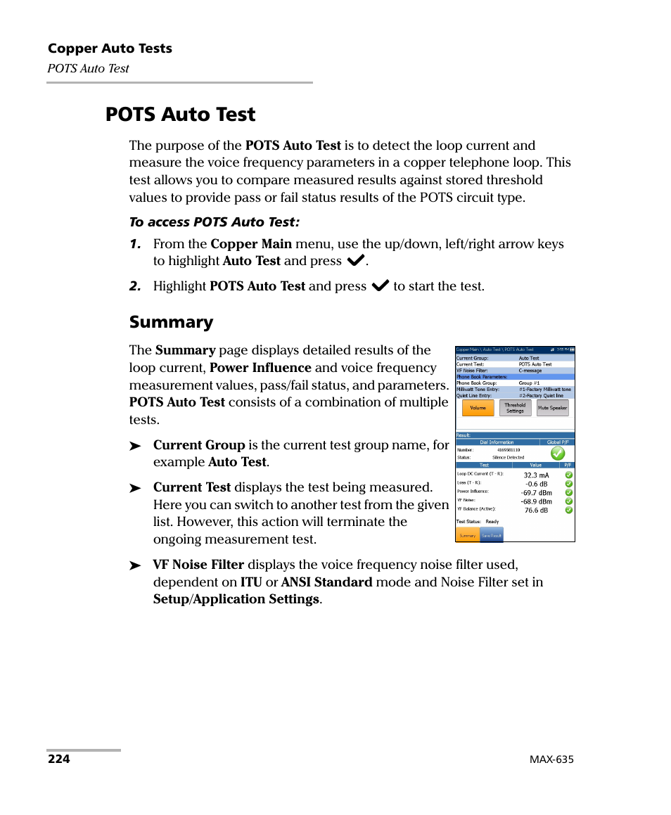 Pots auto test, Summary | EXFO MaxTester 635 User Manual | Page 232 / 355