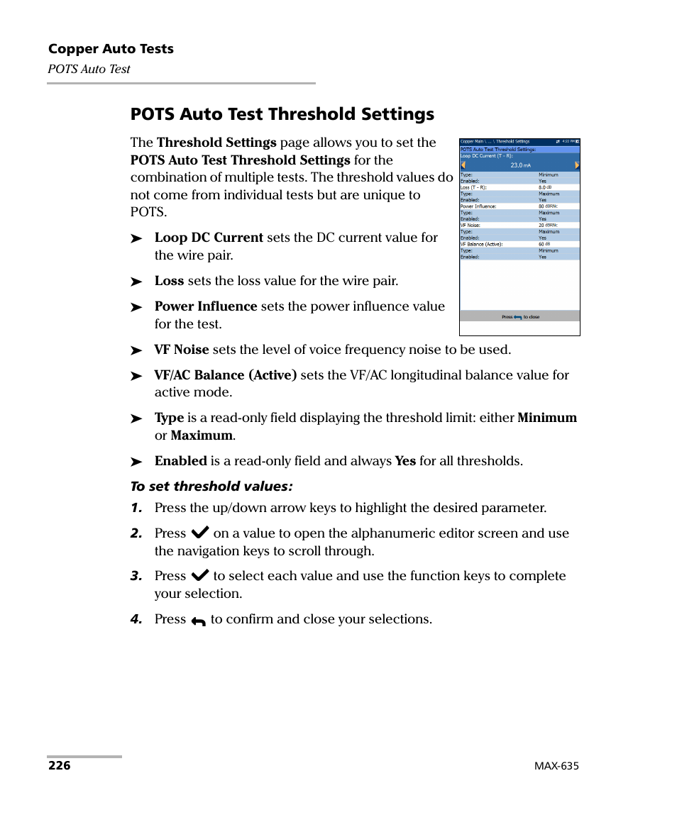 Pots auto test threshold settings | EXFO MaxTester 635 User Manual | Page 234 / 355