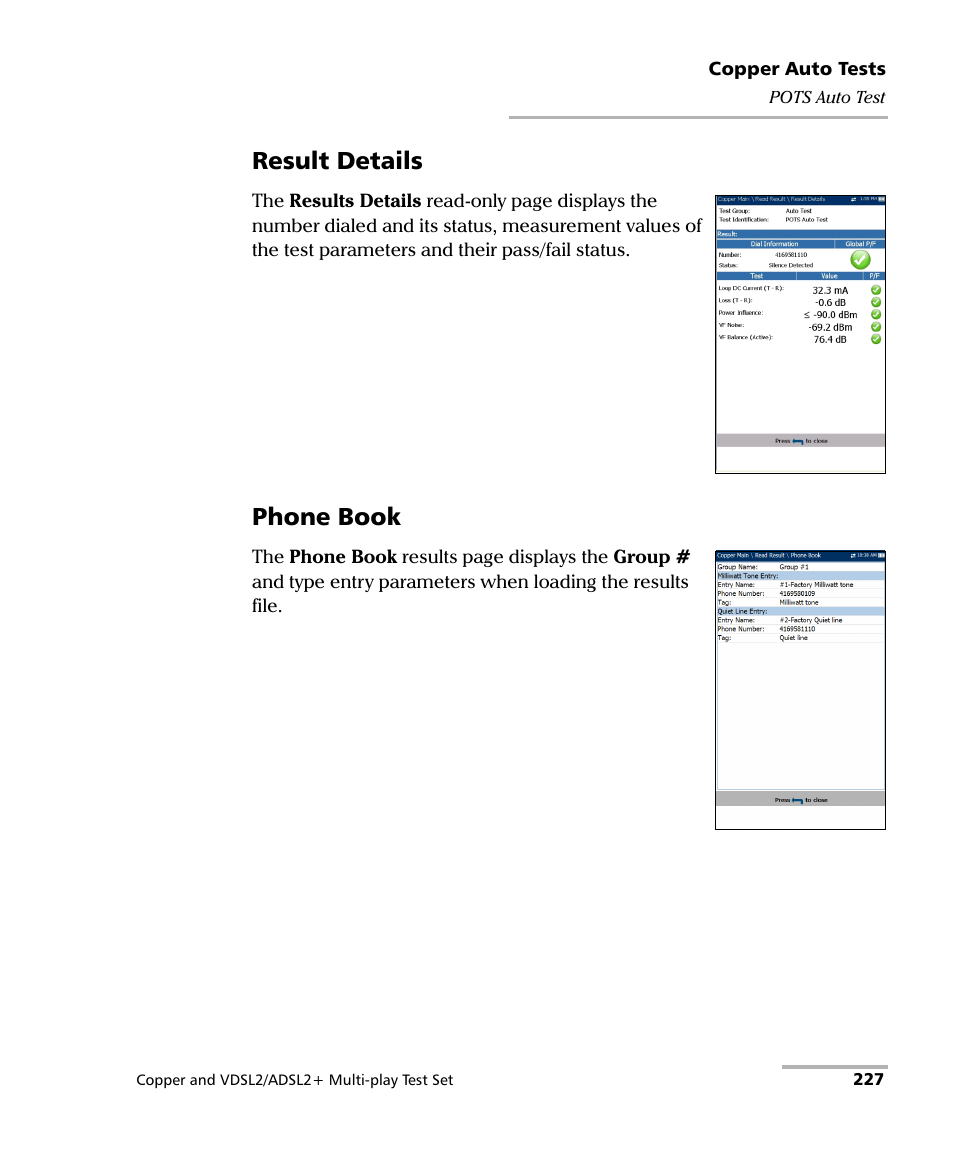 Result details, Phone book | EXFO MaxTester 635 User Manual | Page 235 / 355